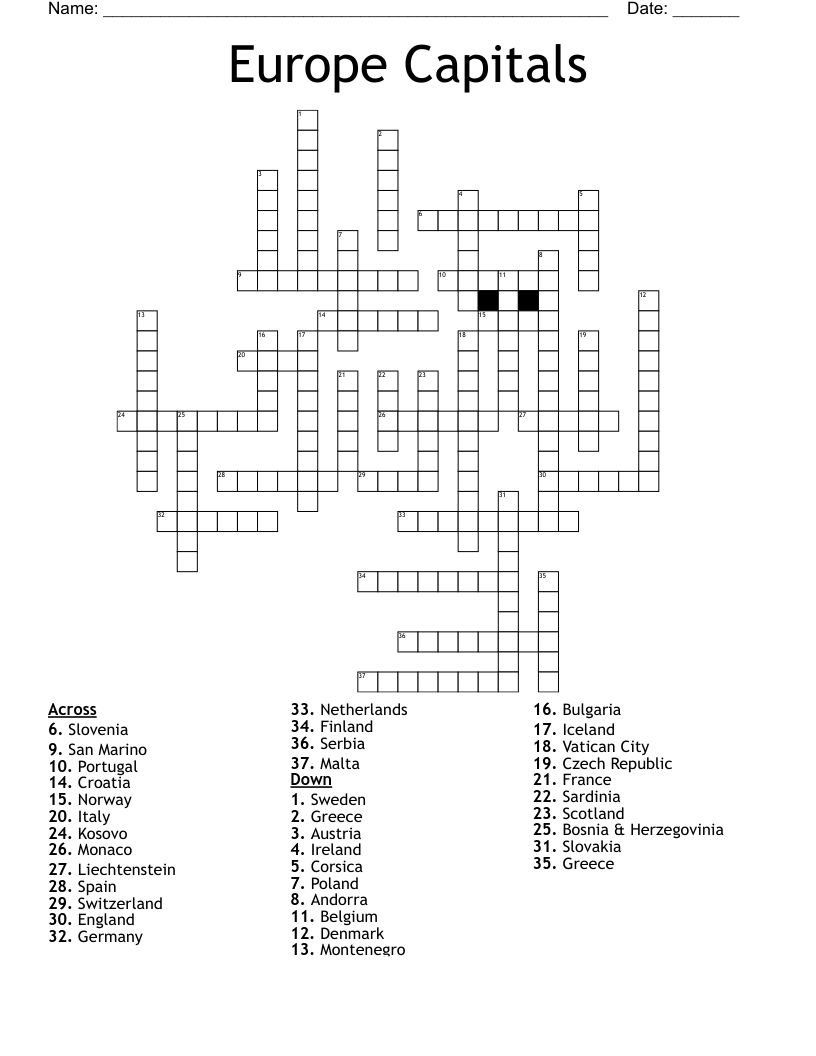 Europe Capitals Crossword WordMint Europe Capitals Crossword WordMint