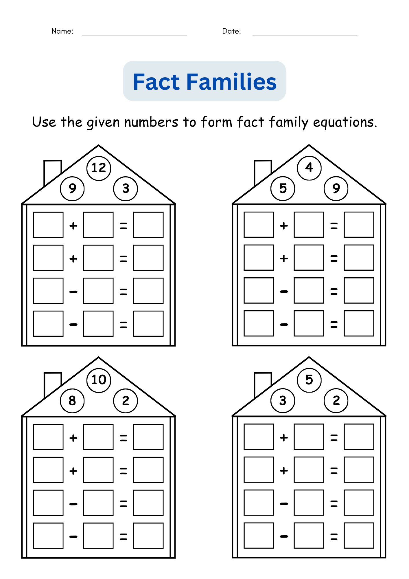 addition subtraction fact families