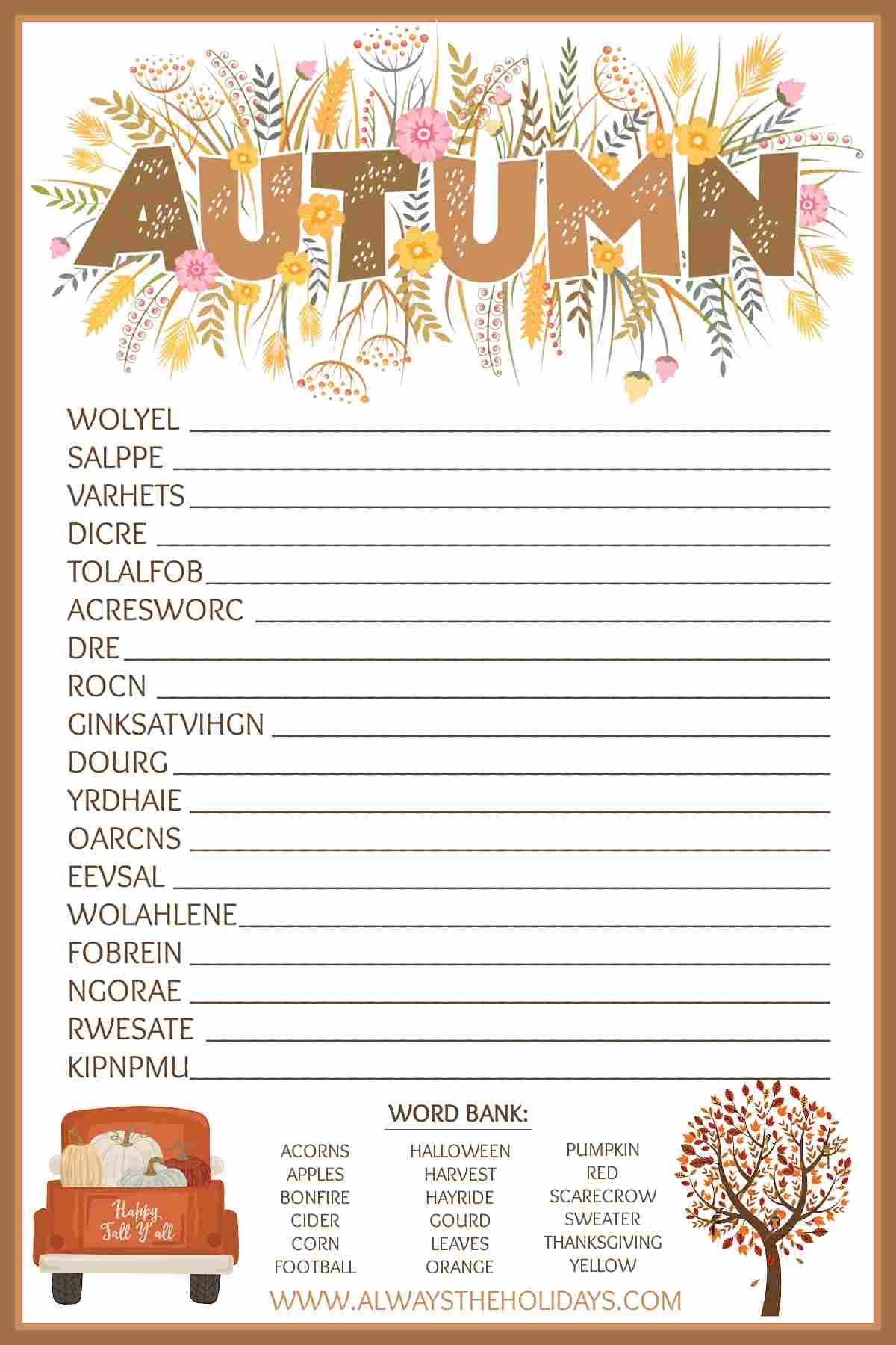 Fall Word Scramble With Answers Free Fall Printable Puzzle Fall Word Scramble With Answers Free Fall Printable Puzzle