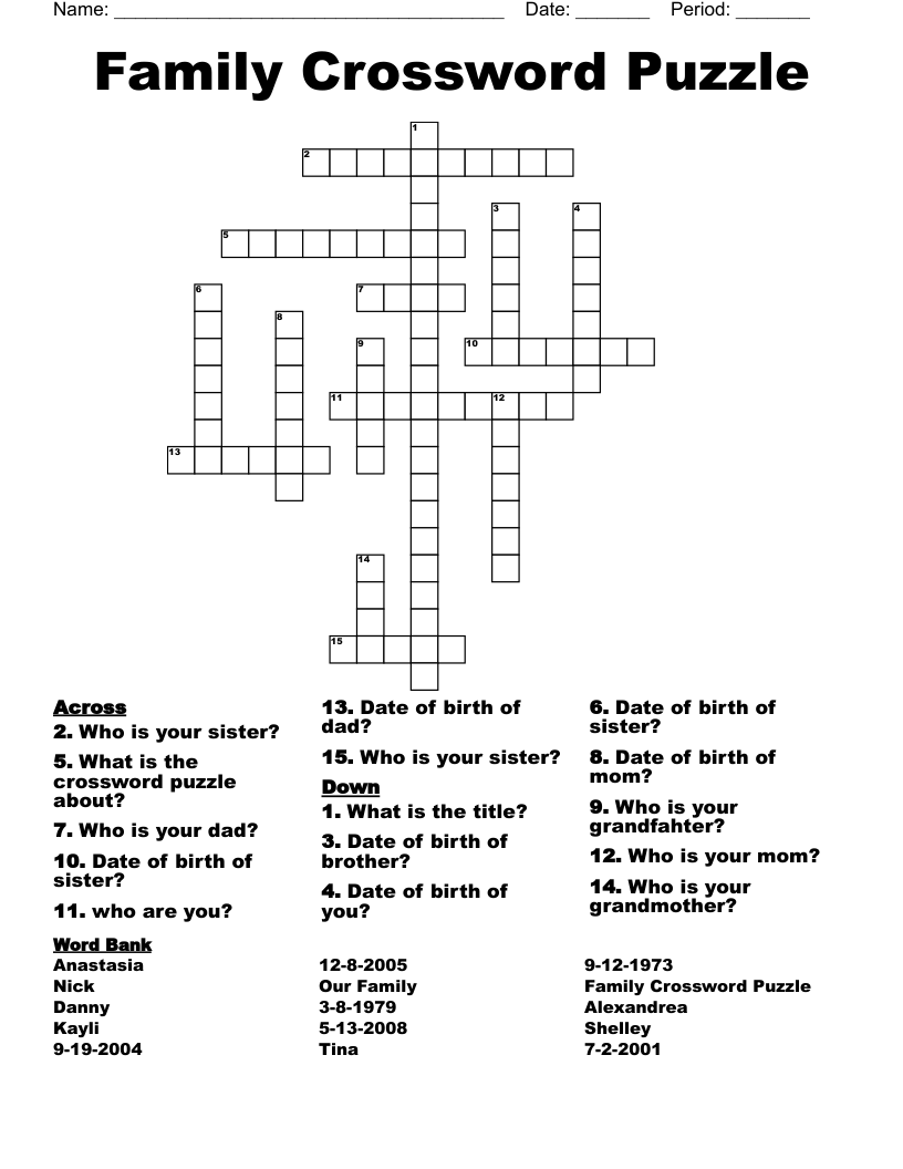 Family Crossword Puzzle WordMint Family Crossword Puzzle WordMint