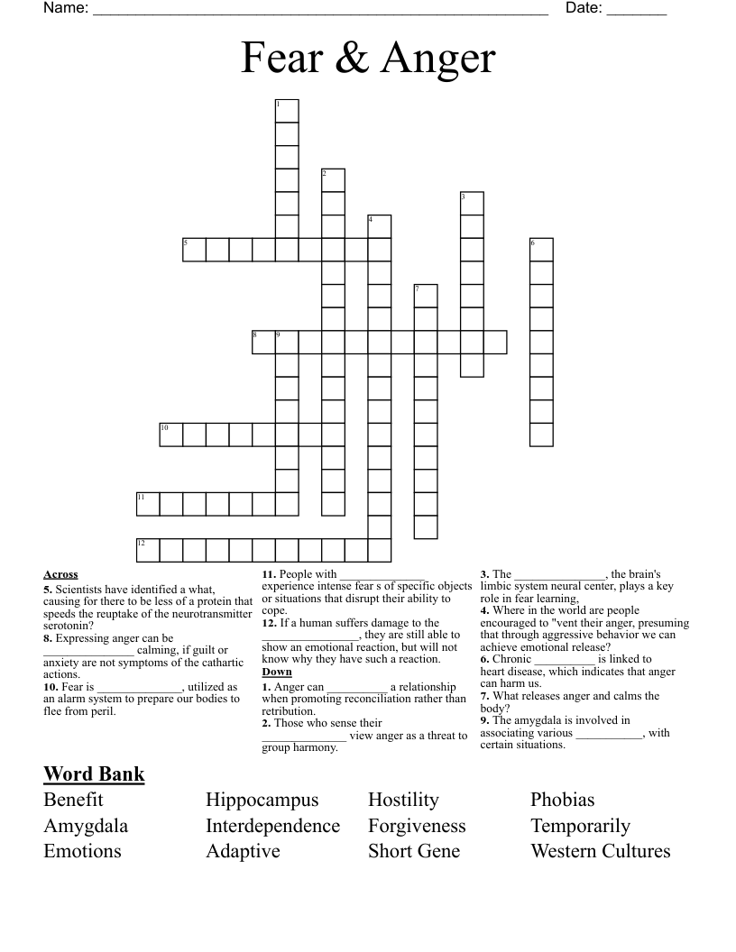 Fear Anger Crossword WordMint Fear Anger Crossword WordMint