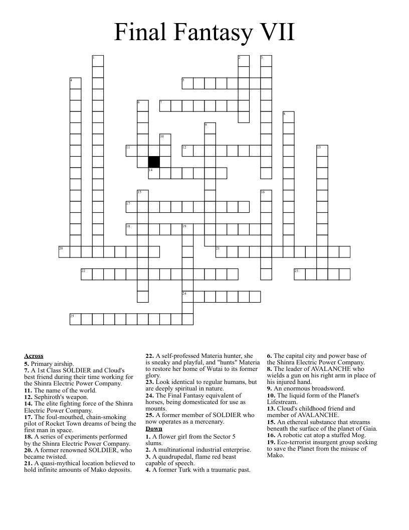 Final Fantasy VII Crossword WordMint Final Fantasy VII Crossword WordMint