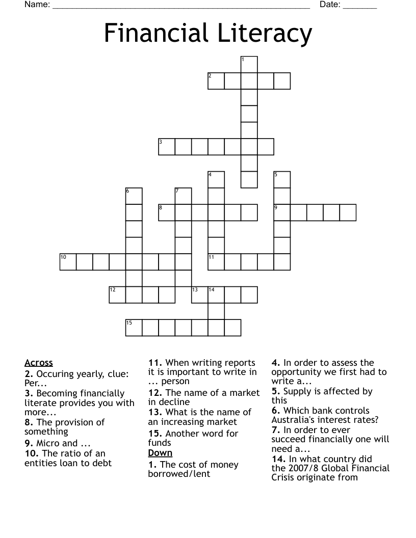 Financial Literacy Crossword WordMint Financial Literacy Crossword WordMint