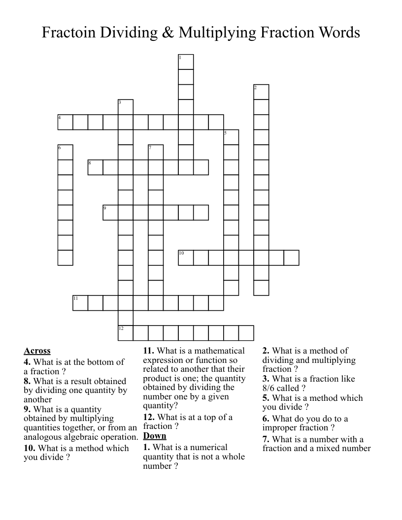 Fractoin Dividing Multiplying Fraction Words Crossword WordMint Fractoin Dividing Multiplying Fraction Words Crossword WordMint