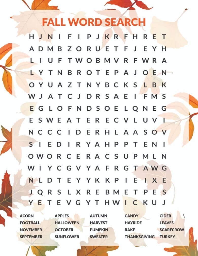 fall word search printable