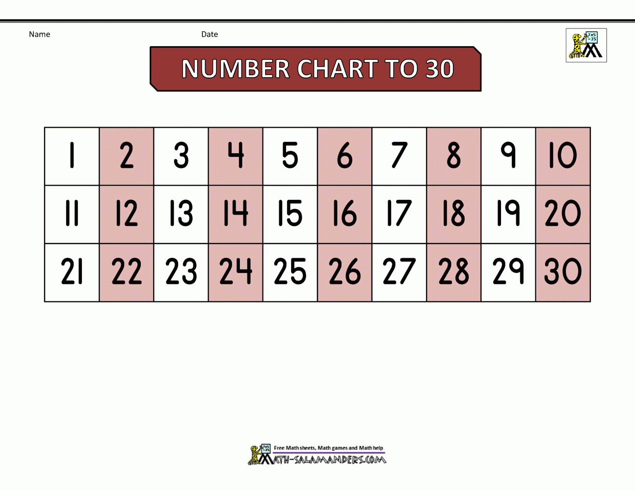 Free Number Chart 1 30 Free Number Chart 1 30