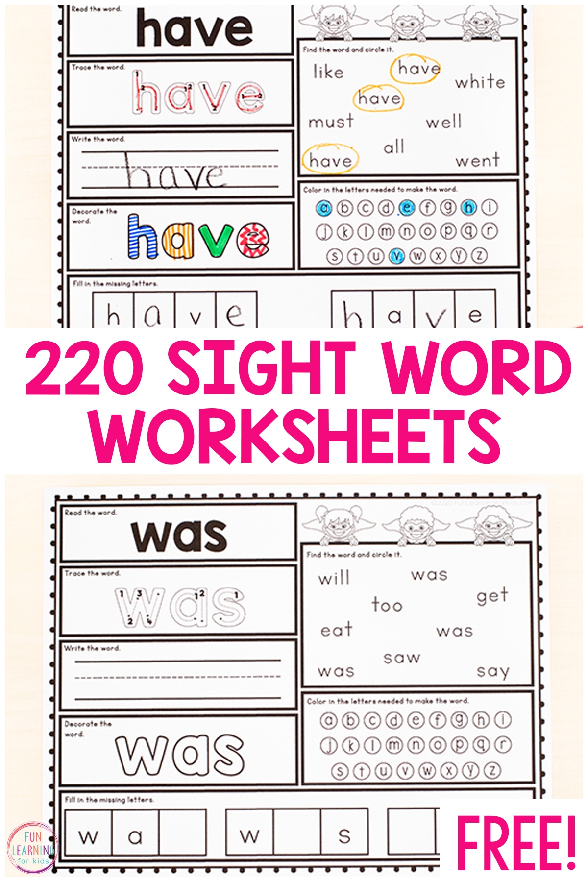 free printable sight words for kindergarten