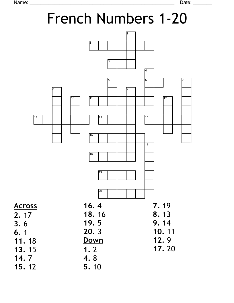 French Numbers 1 20 Crossword WordMint French Numbers 1 20 Crossword WordMint