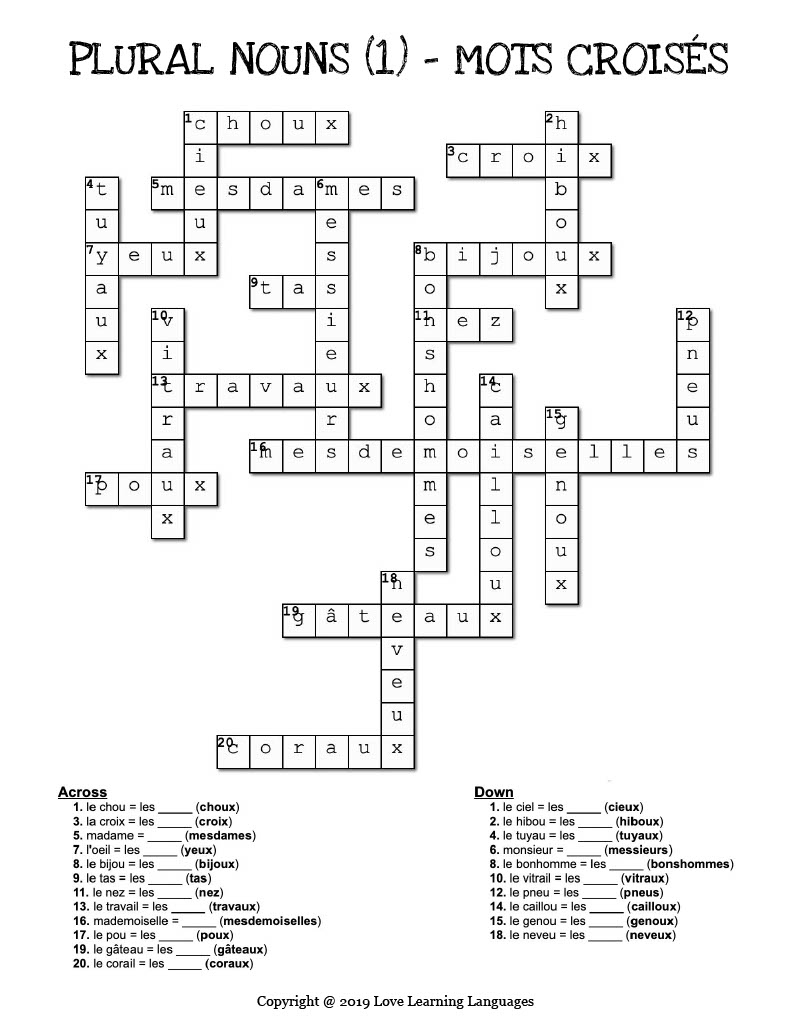 French Plural Nouns Crossword Puzzles Mots Crois s By Teach Simple French Plural Nouns Crossword Puzzles Mots Crois s By Teach Simple
