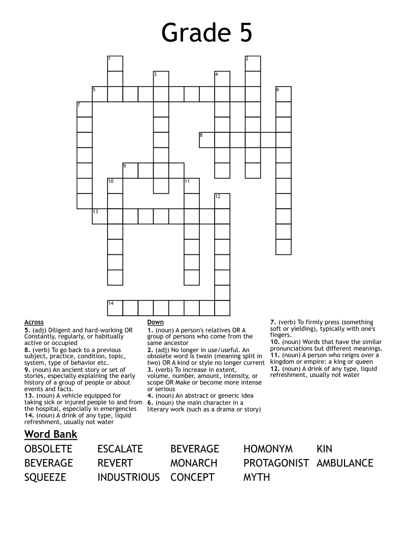 Grade 5 Crossword WordMint Grade 5 Crossword WordMint