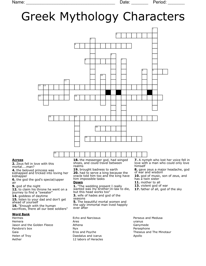 Greek Mythology Characters Crossword WordMint Greek Mythology Characters Crossword WordMint