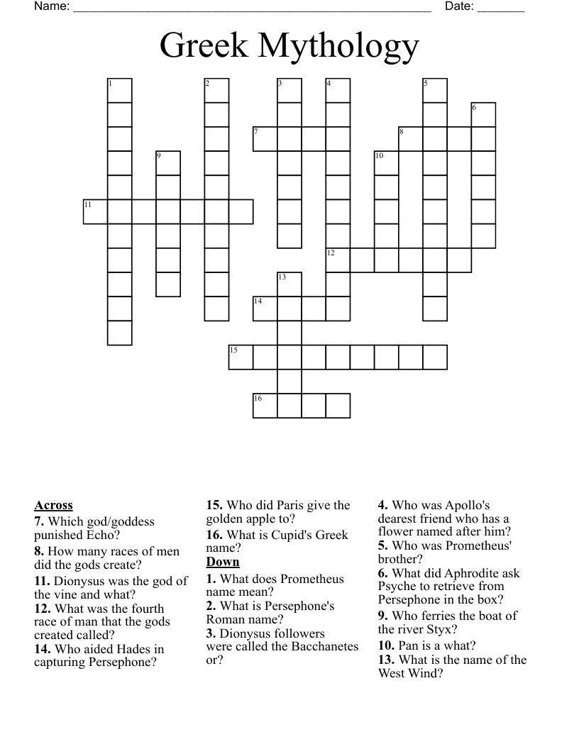 Greek Mythology Crossword WordMint Greek Mythology Crossword WordMint