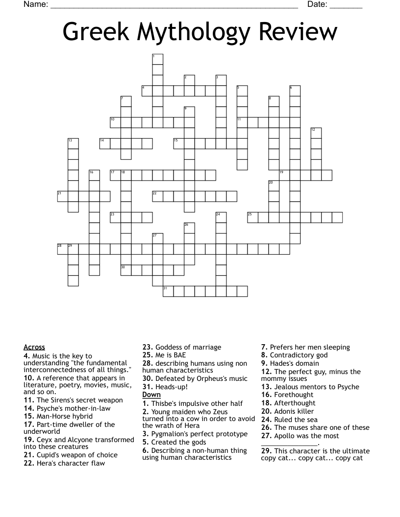 Greek Mythology Review Crossword WordMint Greek Mythology Review Crossword WordMint