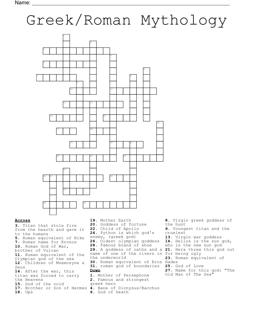 Greek Roman Mythology Crossword WordMint Greek Roman Mythology Crossword WordMint
