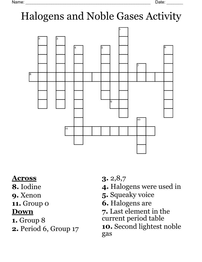 Halogens And Noble Gases Activity Crossword WordMint