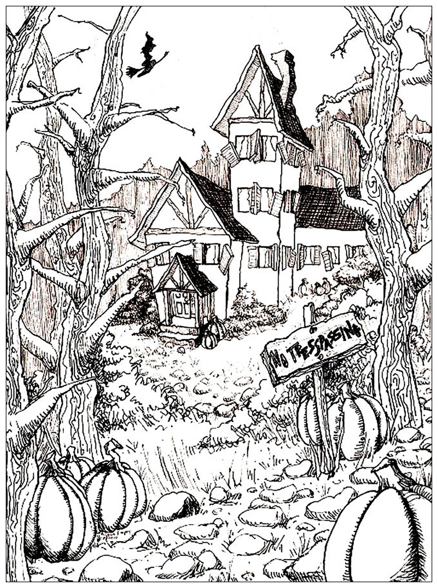 Haunted House And Pumpkins Halloween Coloring Pages For Adults Haunted House And Pumpkins Halloween Coloring Pages For Adults