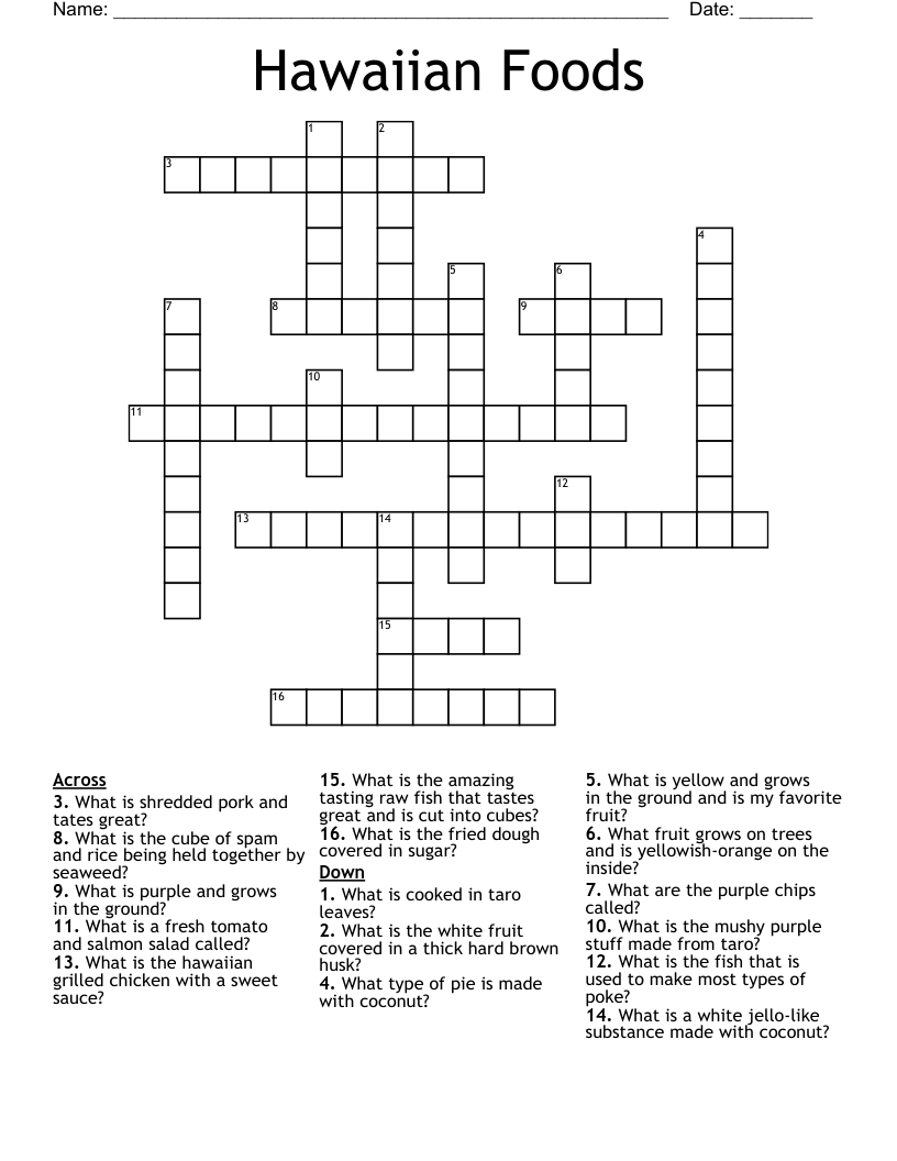 Hawaiian Foods Crossword WordMint