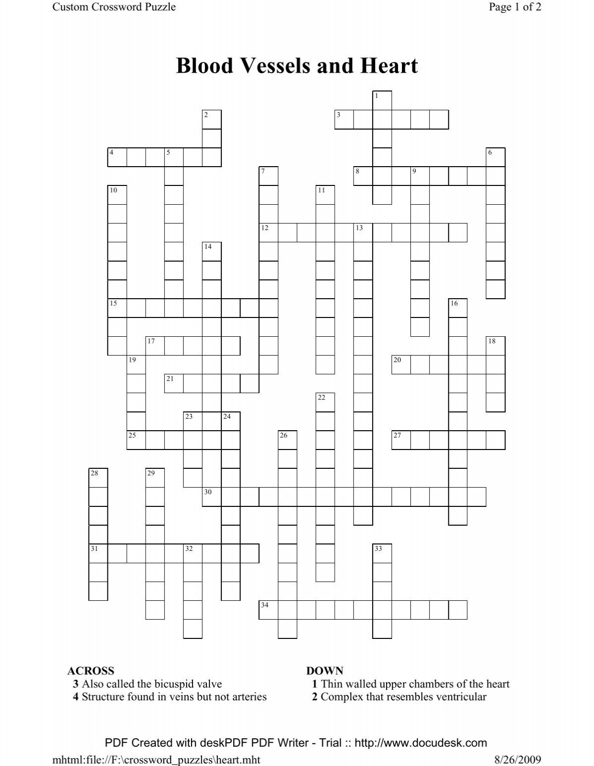 Heart And Blood Vessels Crossword Puzzle Heart And Blood Vessels Crossword Puzzle