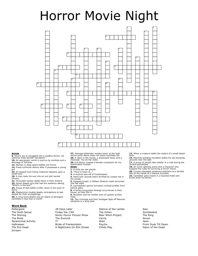 Horror Movie Night Crossword WordMint Horror Movie Night Crossword WordMint