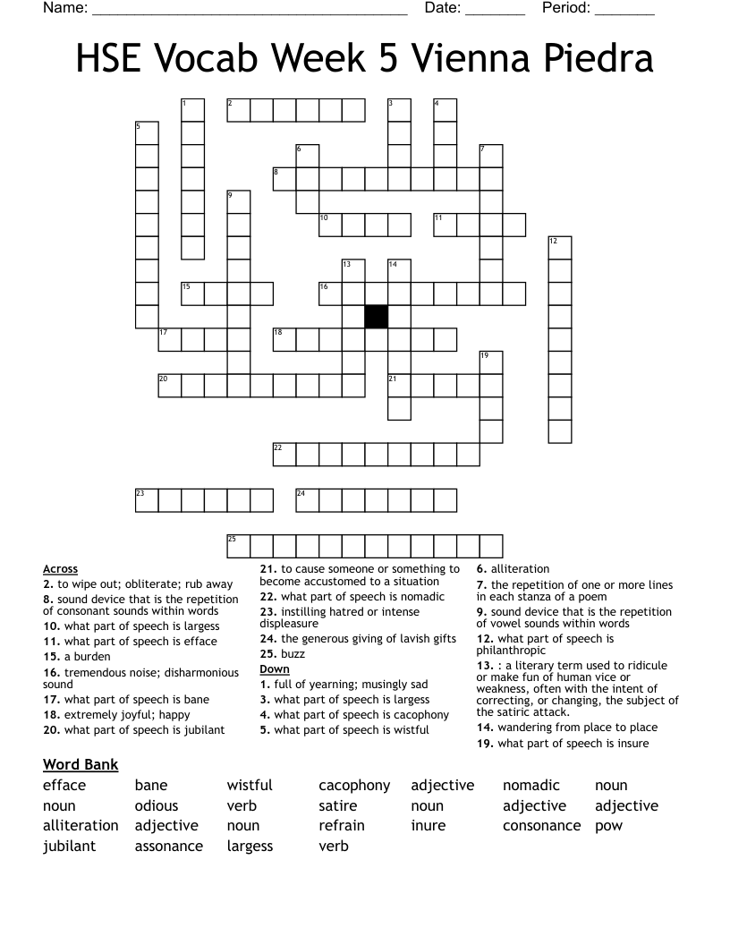 HSE Vocab Week 5 Vienna Piedra Crossword WordMint HSE Vocab Week 5 Vienna Piedra Crossword WordMint