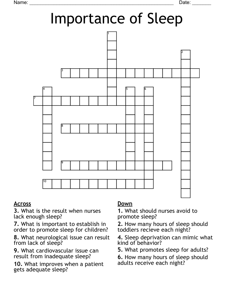 Importance Of Sleep Crossword WordMint