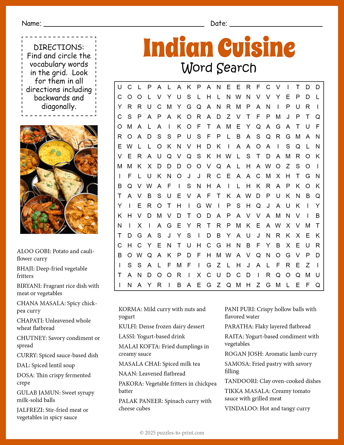 Indian Foods Word Search Indian Foods Word Search