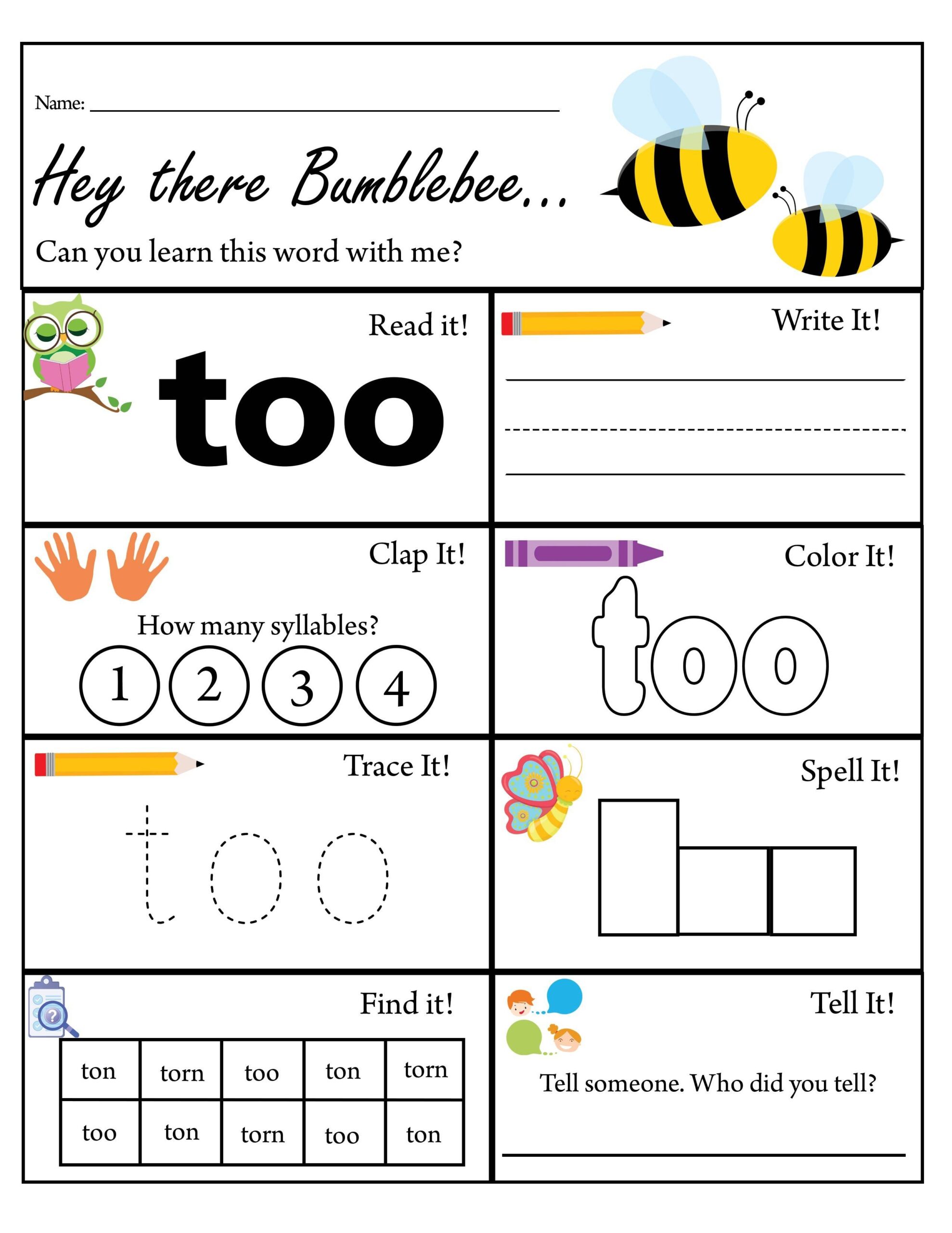 Kindergarten Sight Word Too Worksheet Dolch Sight Words TPT Kindergarten Sight Word Too Worksheet Dolch Sight Words TPT
