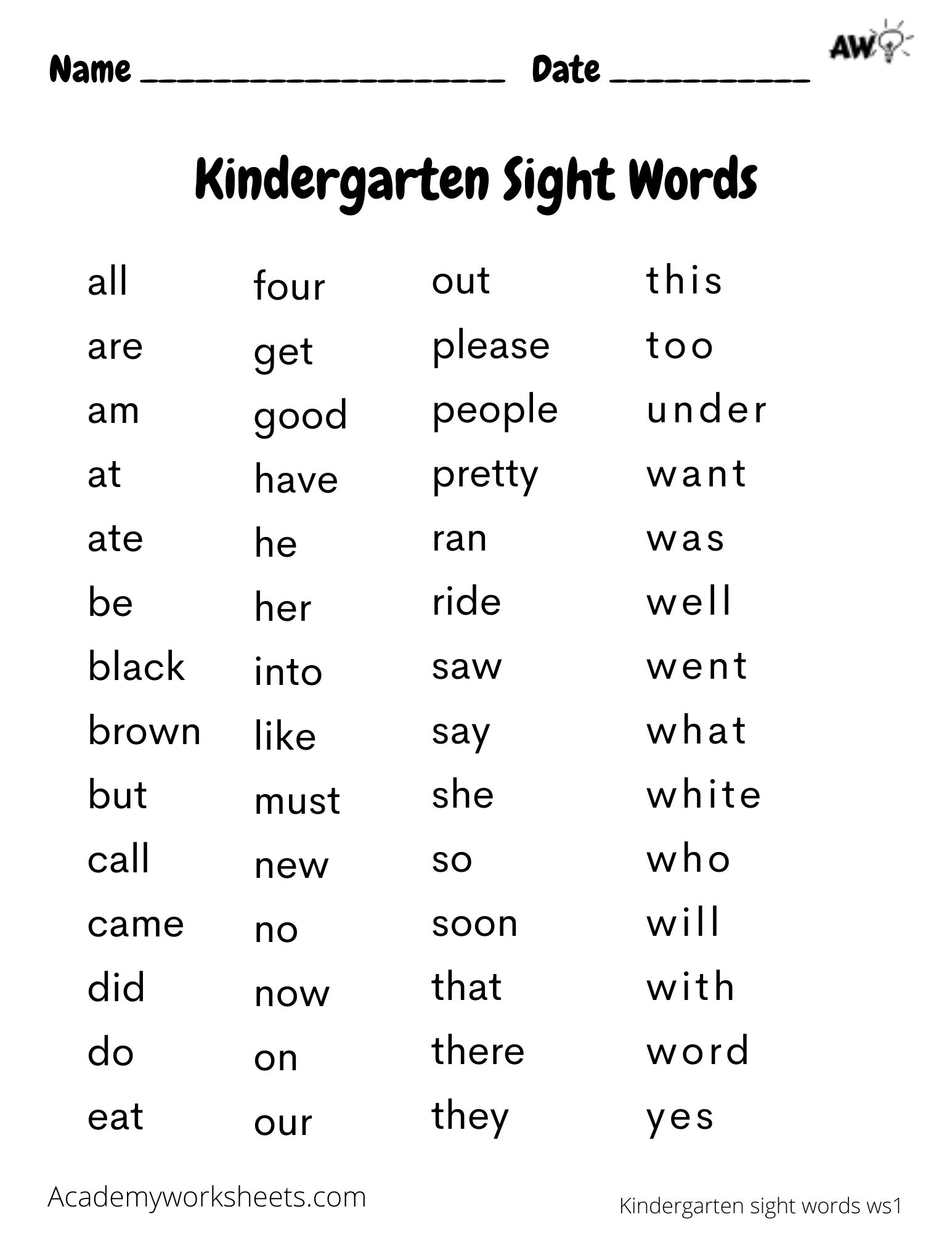 Kindergarten Sight Words Academy Worksheets Worksheets Library