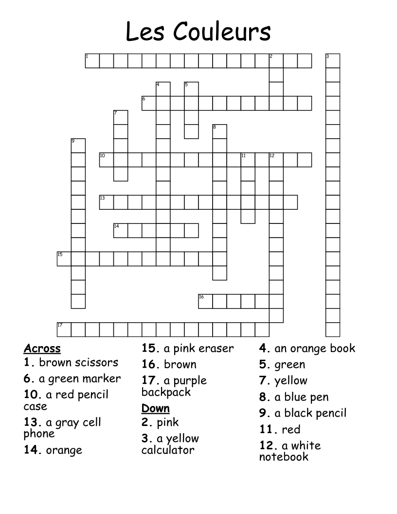 Les Couleurs Crossword WordMint Les Couleurs Crossword WordMint