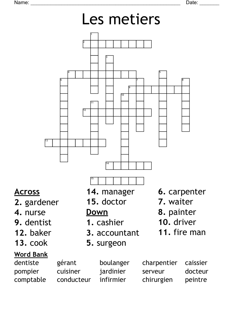 Les Metiers Crossword WordMint Les Metiers Crossword WordMint