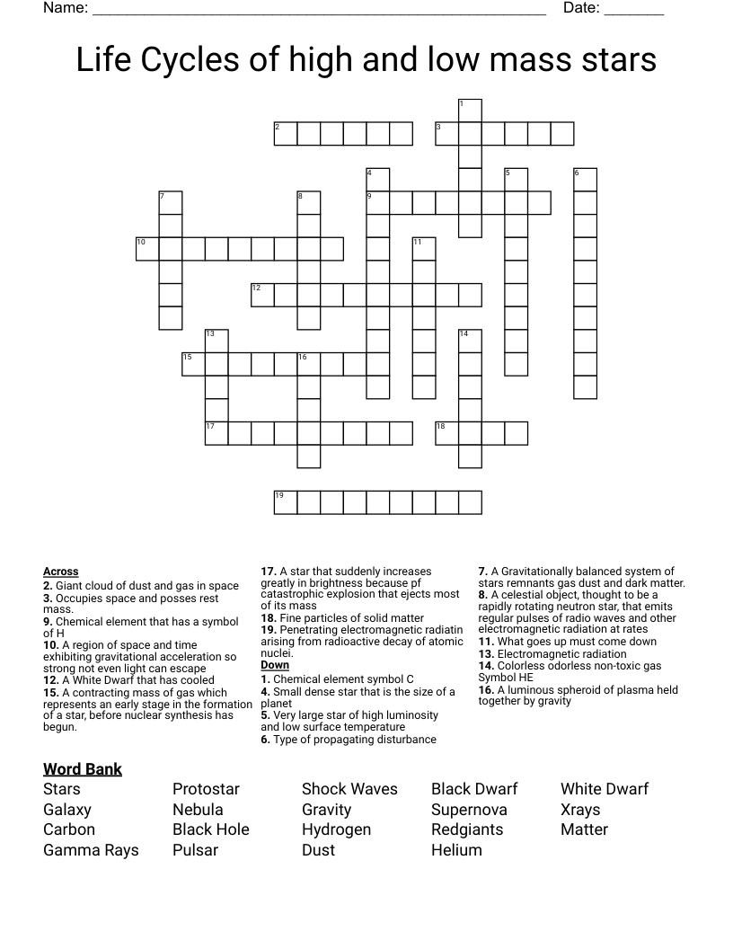 Life Cycles Of High And Low Mass Stars Crossword WordMint Life Cycles Of High And Low Mass Stars Crossword WordMint