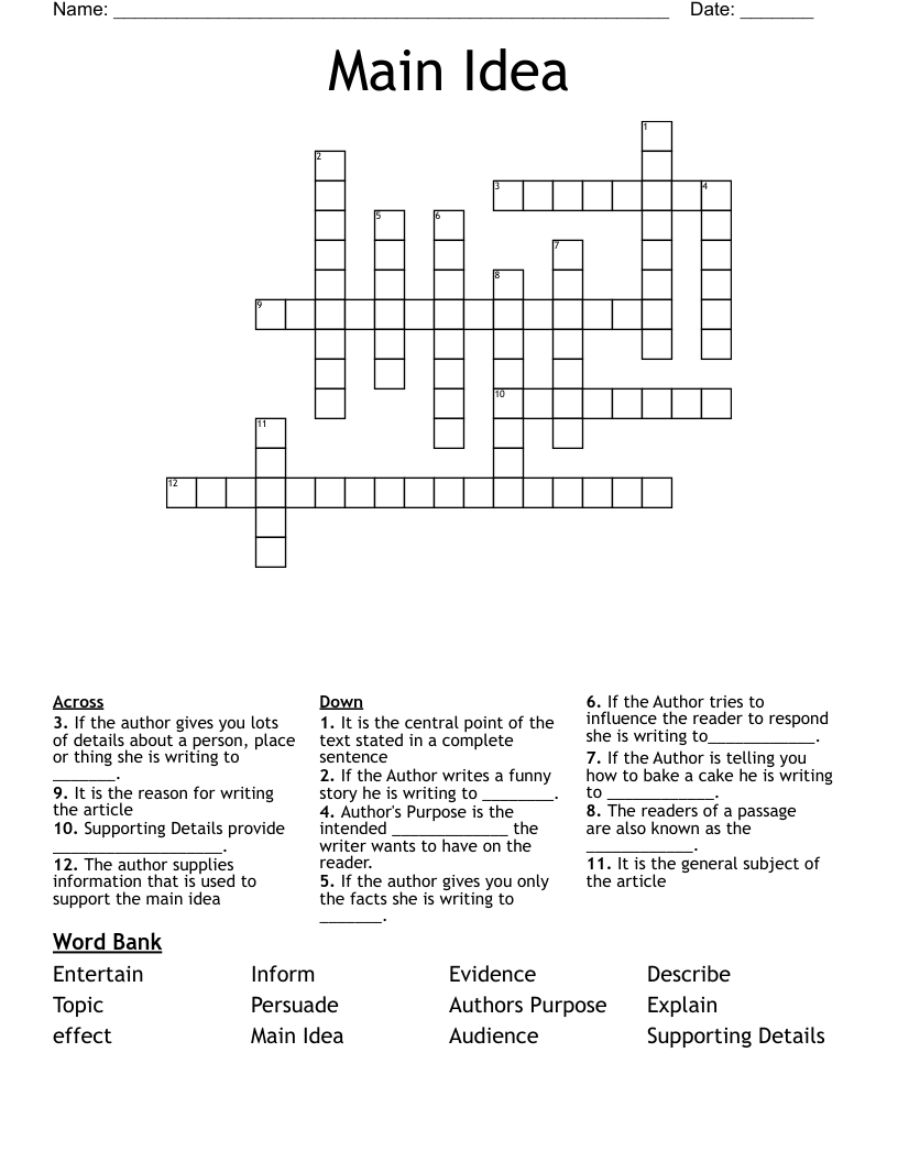 Main Idea Crossword WordMint Main Idea Crossword WordMint
