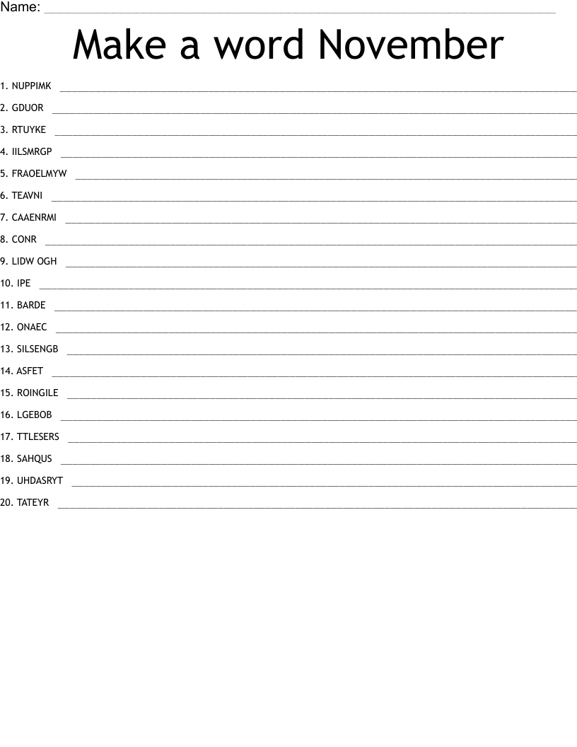 Make A Word November Word Scramble WordMint Make A Word November Word Scramble WordMint