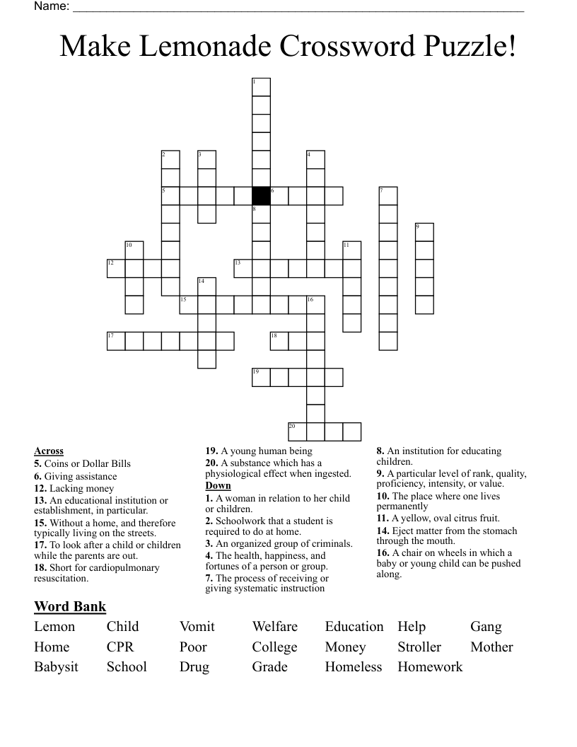 Make Lemonade Crossword Puzzle WordMint Make Lemonade Crossword Puzzle WordMint