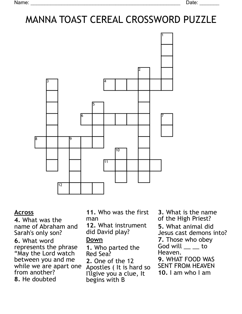 MANNA TOAST CEREAL CROSSWORD PUZZLE WordMint MANNA TOAST CEREAL CROSSWORD PUZZLE WordMint