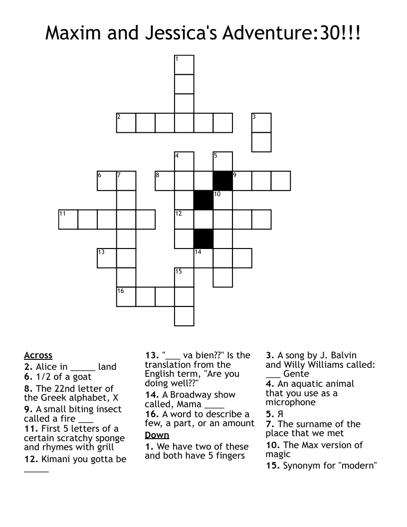 Maxim And Jessica s Adventure 30 Crossword WordMint