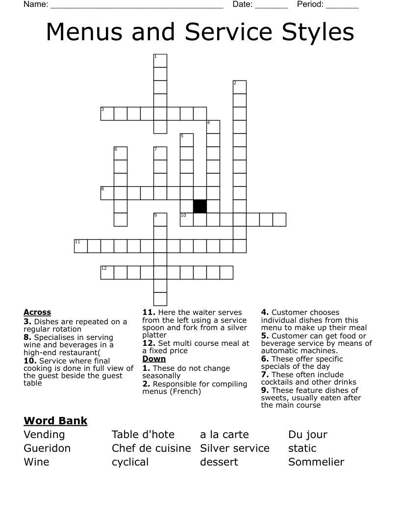 Menus And Service Styles Crossword WordMint Menus And Service Styles Crossword WordMint