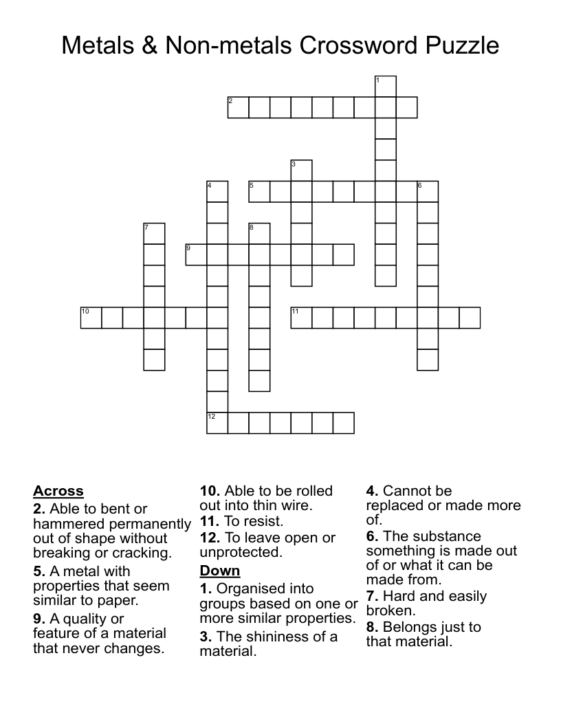 Metals Non metals Crossword Puzzle WordMint