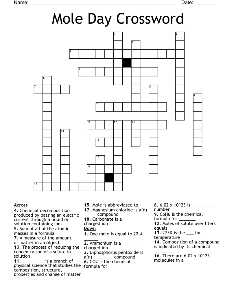 Mole Day Crossword WordMint Mole Day Crossword WordMint