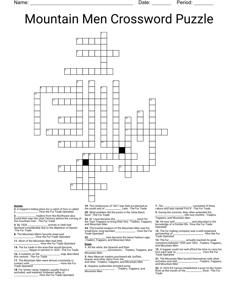 Mountain Men Crossword Puzzle WordMint Mountain Men Crossword Puzzle WordMint