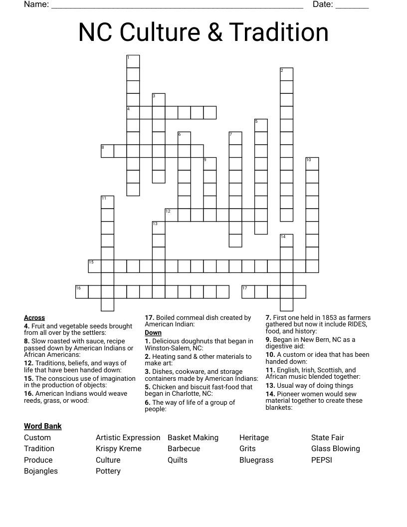 NC Culture Tradition Crossword WordMint NC Culture Tradition Crossword WordMint