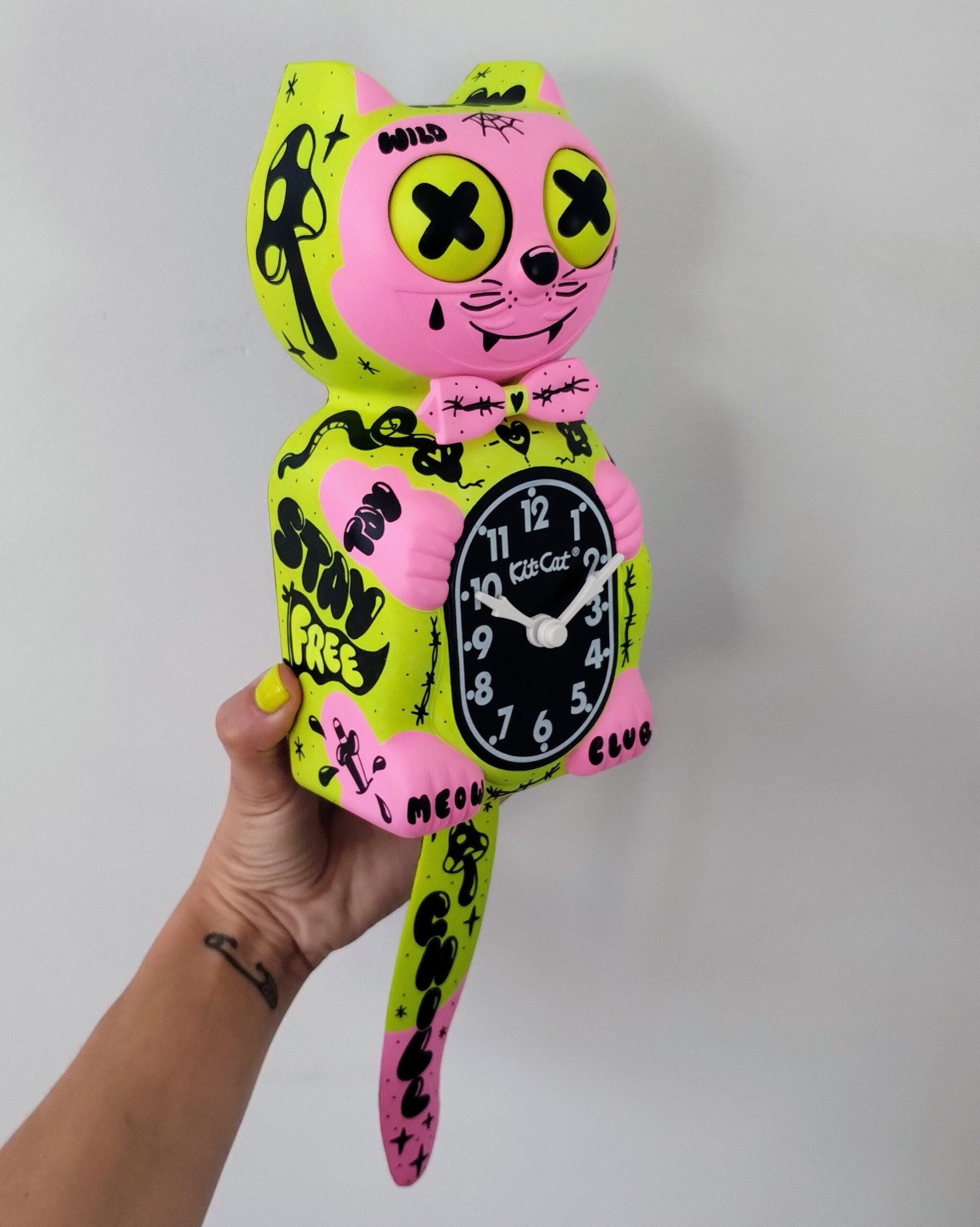 Neon Pop Kit cat Klock Custom Clock Fluorescent Colors Hype Tattoos Original Art Hand Painted X Gabbie One Of A Kind Etsy