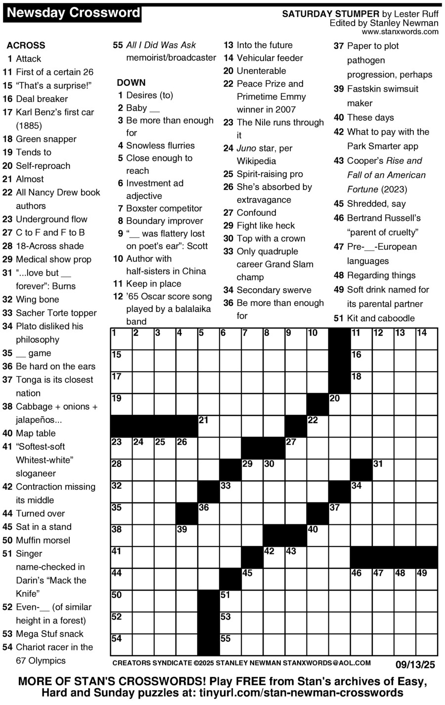 Newsday Crossword Puzzle For Sep 13 2025 By Stanley Newman Creators Syndicate Newsday Crossword Puzzle For Sep 13 2025 By Stanley Newman Creators Syndicate