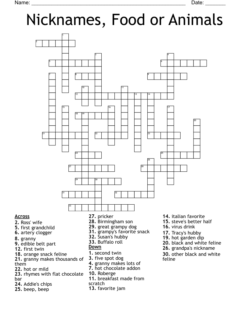 Nicknames Food Or Animals Crossword WordMint Nicknames Food Or Animals Crossword WordMint