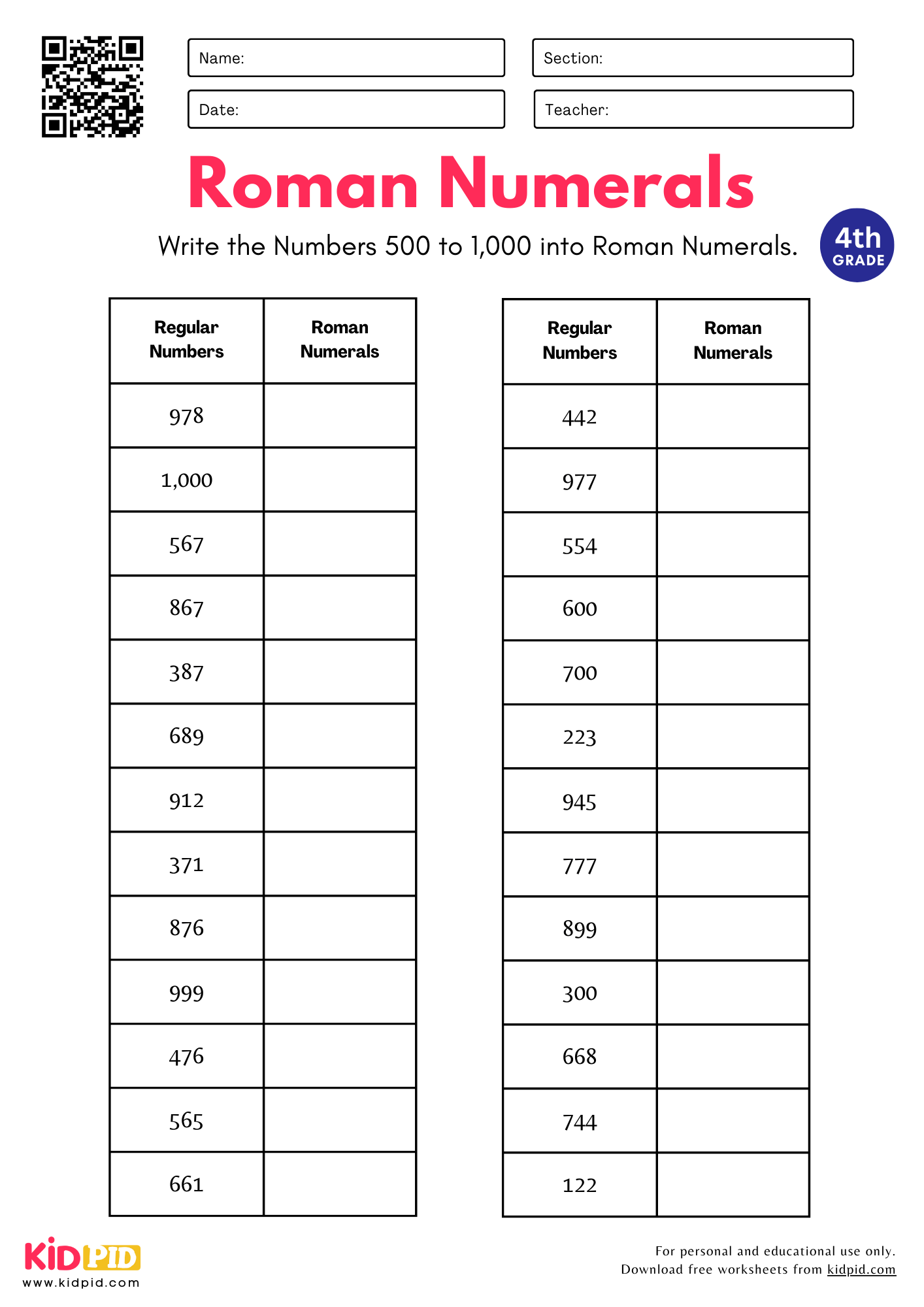 Numbers 500 To 1 000 Into Roman Numerals Worksheets For Grade 4 Kidpid Numbers 500 To 1 000 Into Roman Numerals Worksheets For Grade 4 Kidpid