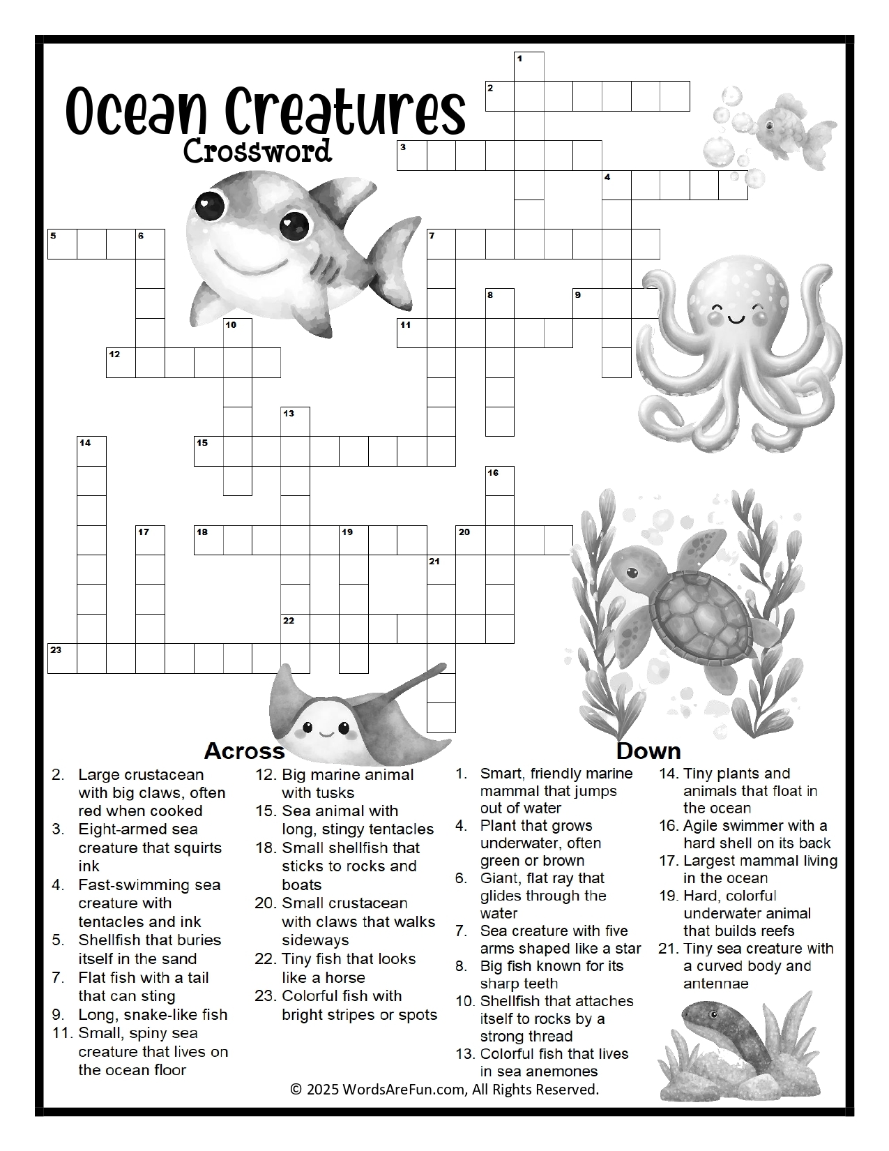 Ocean Creatures Crossword Puzzle Printable For Kids Classrooms Ocean Creatures Crossword Puzzle Printable For Kids Classrooms