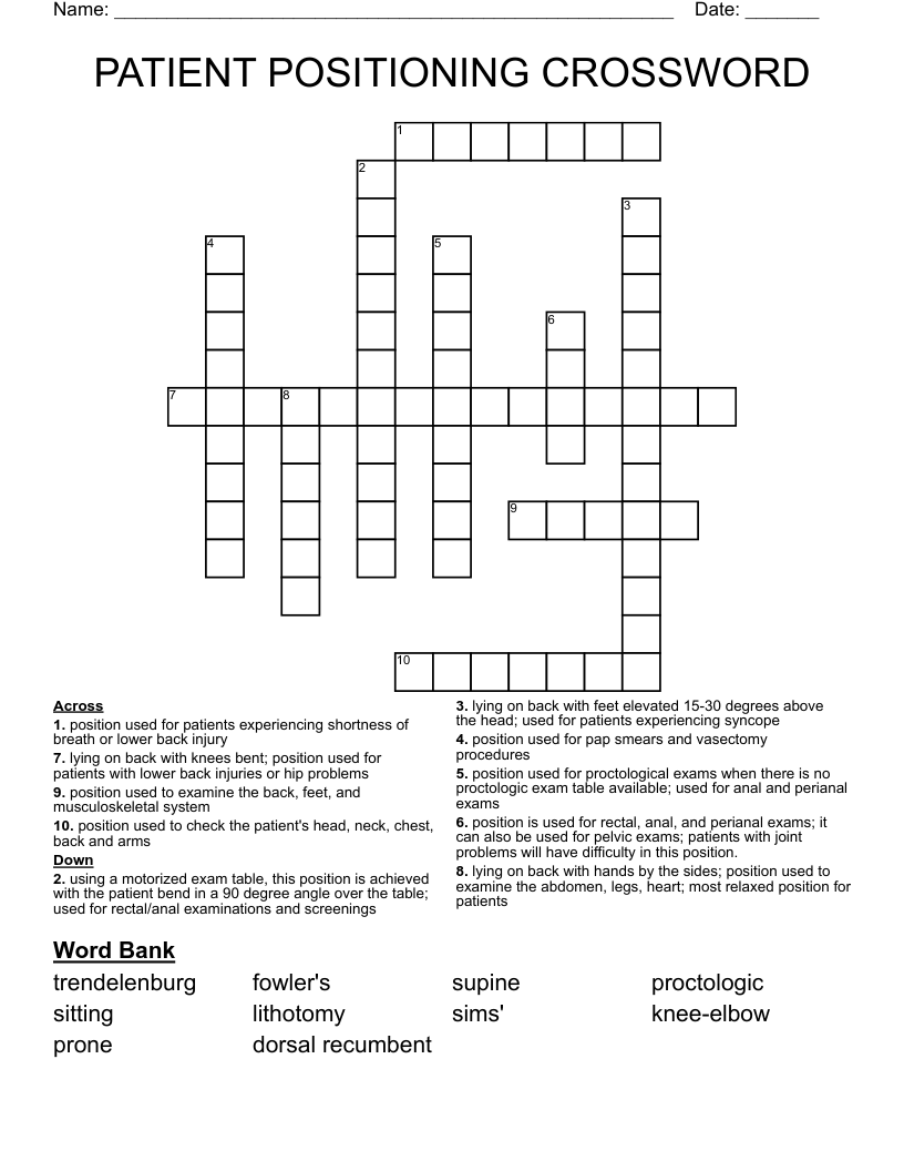 PATIENT POSITIONING CROSSWORD WordMint PATIENT POSITIONING CROSSWORD WordMint