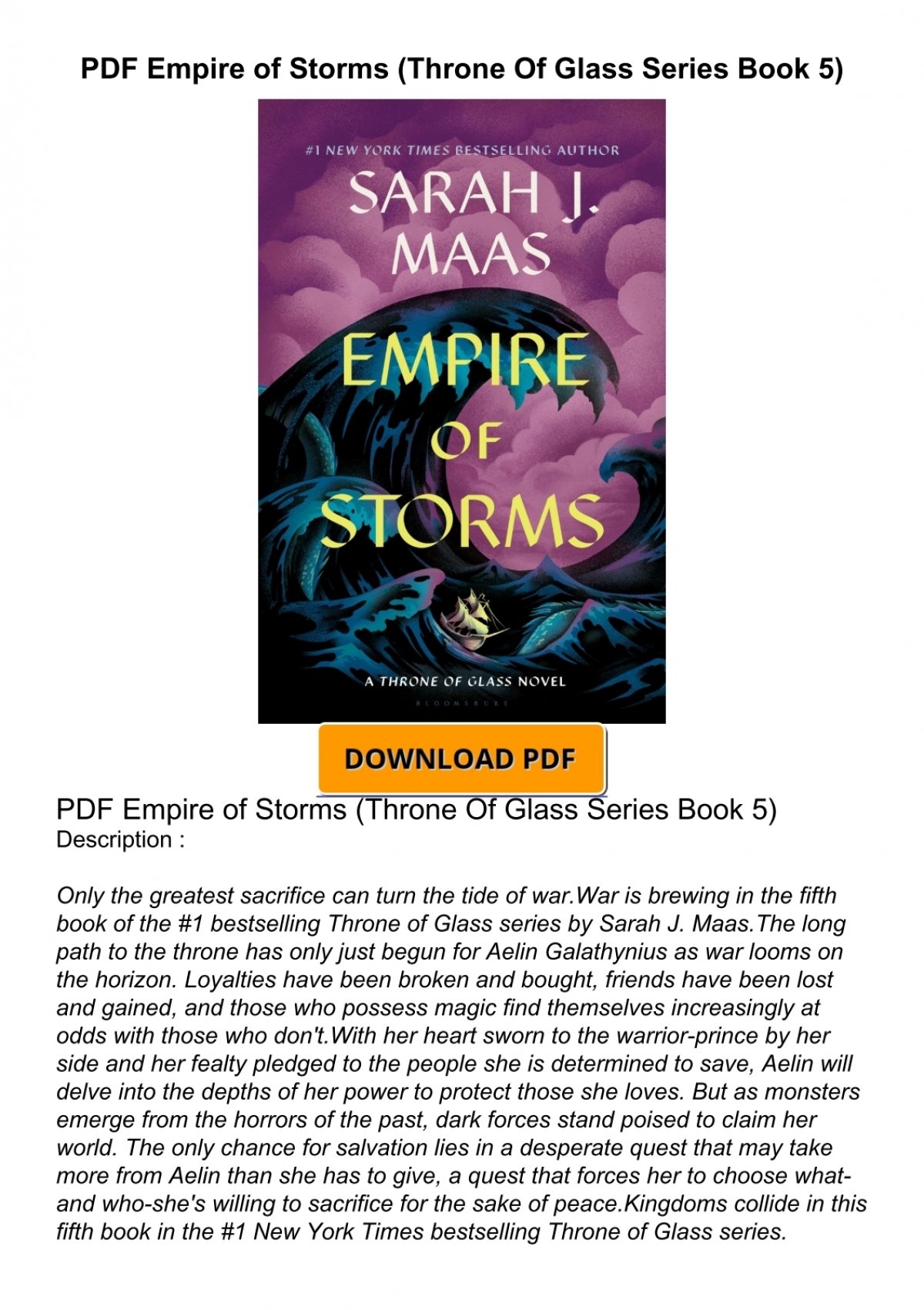 PDF Empire Of Storms Throne Of Glass Series Book 5 PDF Empire Of Storms Throne Of Glass Series Book 5