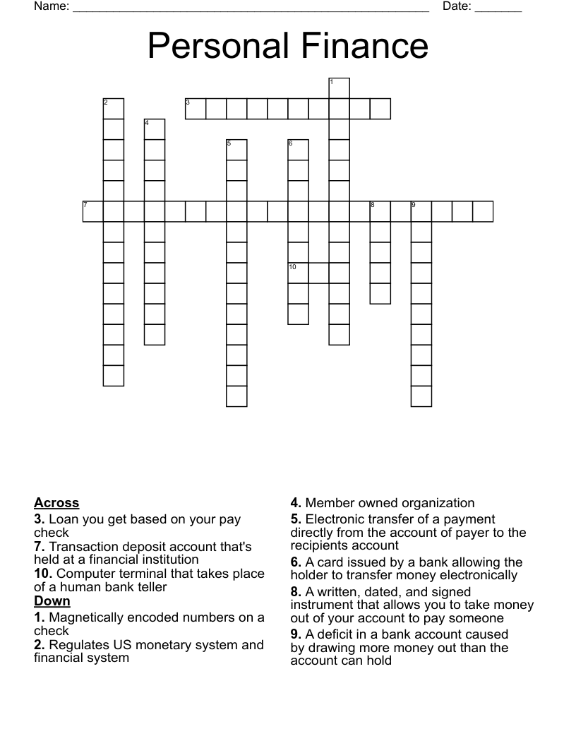 Personal Finance Crossword WordMint Personal Finance Crossword WordMint
