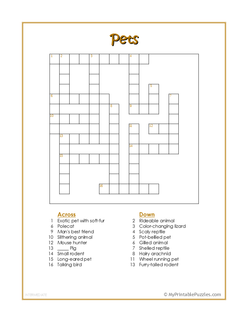 Pets Crossword Puzzle Intermediate My Printable Puzzles Pets Crossword Puzzle Intermediate My Printable Puzzles